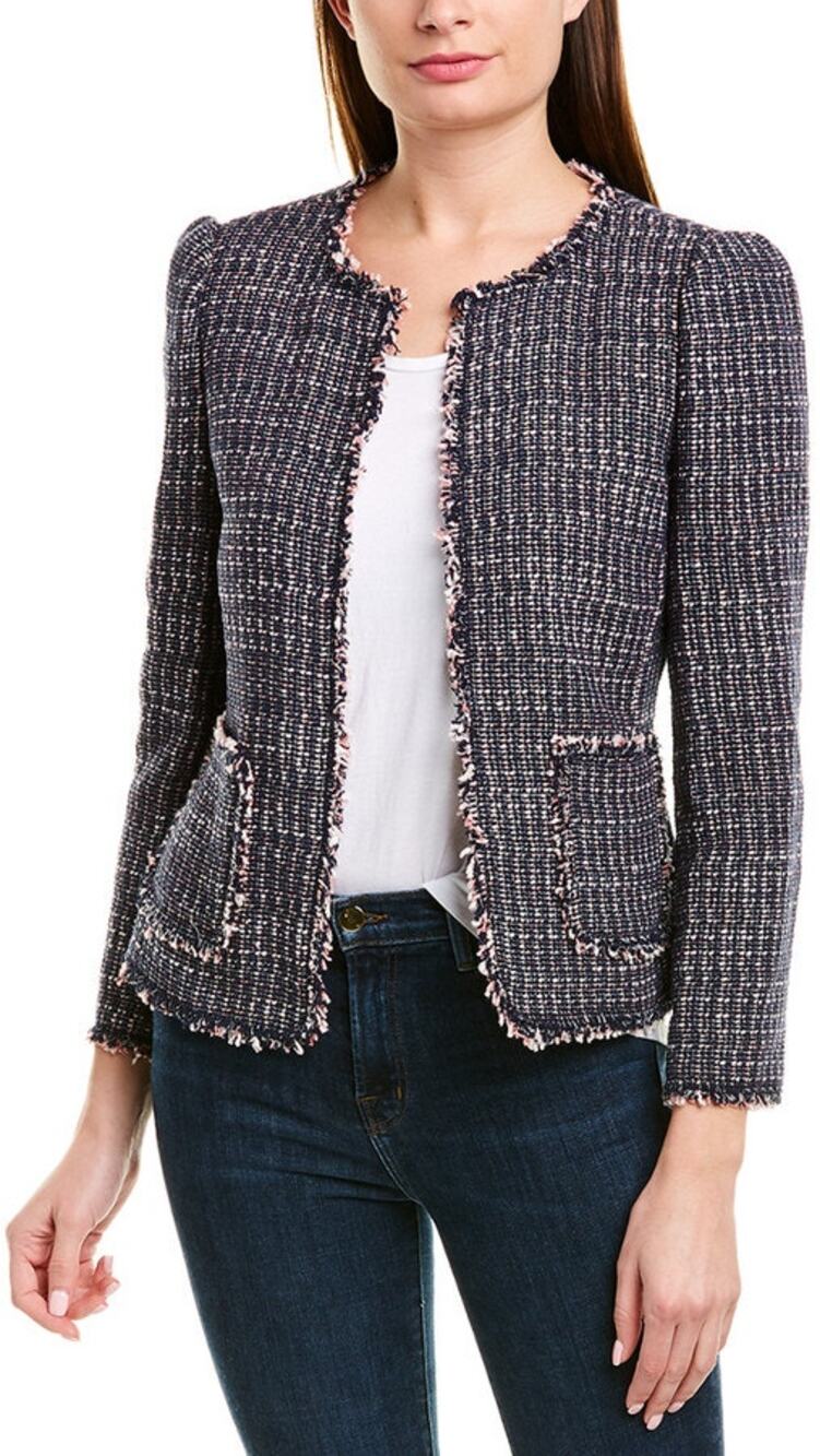 REBECCA TAYLOR Navy Blue & Pink Tweed Fringe Blazer Jacket Size 2